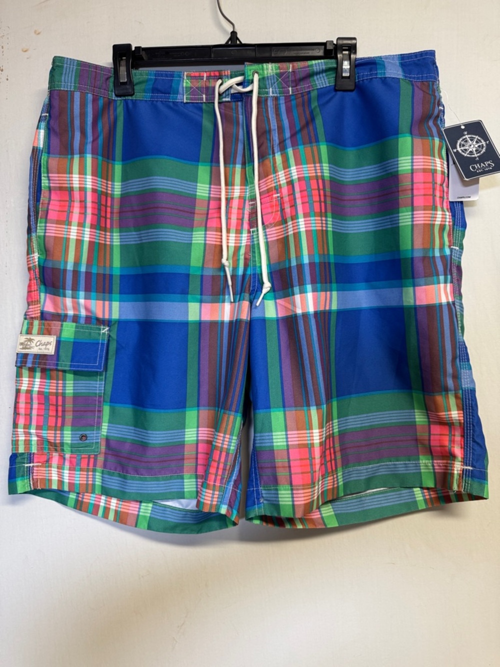 Chaps Men’s Sea Blue and Green Plaid Swim Shorts Size XL